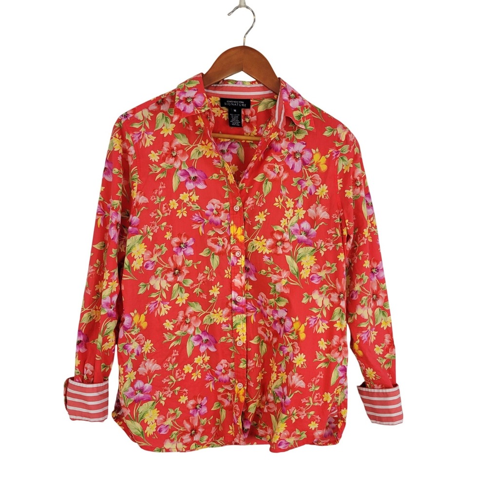 Vintage Jones New York Cotton Hawaiian Shirt Coral Size Medium Button Down